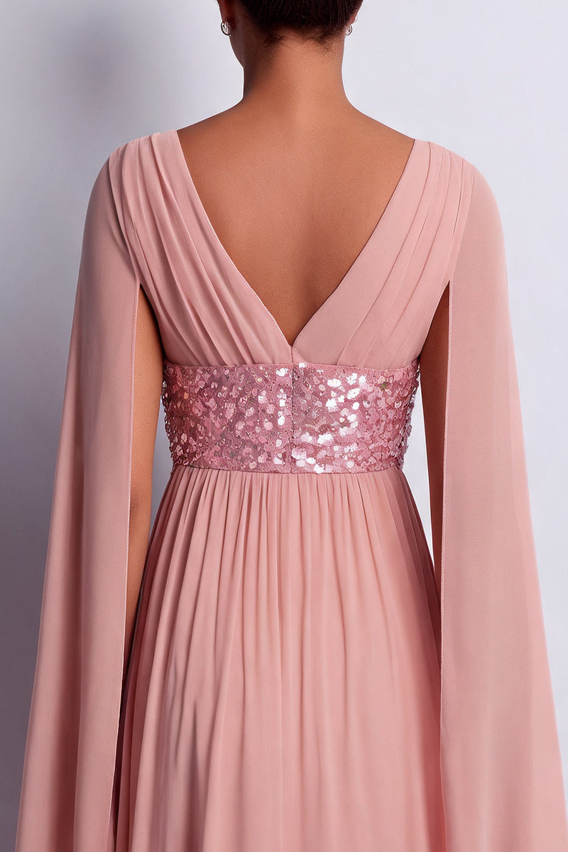 Laden Sie das Bild in den Galerie-Viewer, Himmelblaues A-Linien-Chiffon-V-Ausschnitt-Midi-Mutter-der-Braut-Kleid mit Umhangärmeln