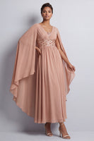 Laden Sie das Bild in den Galerie-Viewer, Himmelblaues A-Linien-Chiffon-V-Ausschnitt-Midi-Mutter-der-Braut-Kleid mit Umhangärmeln