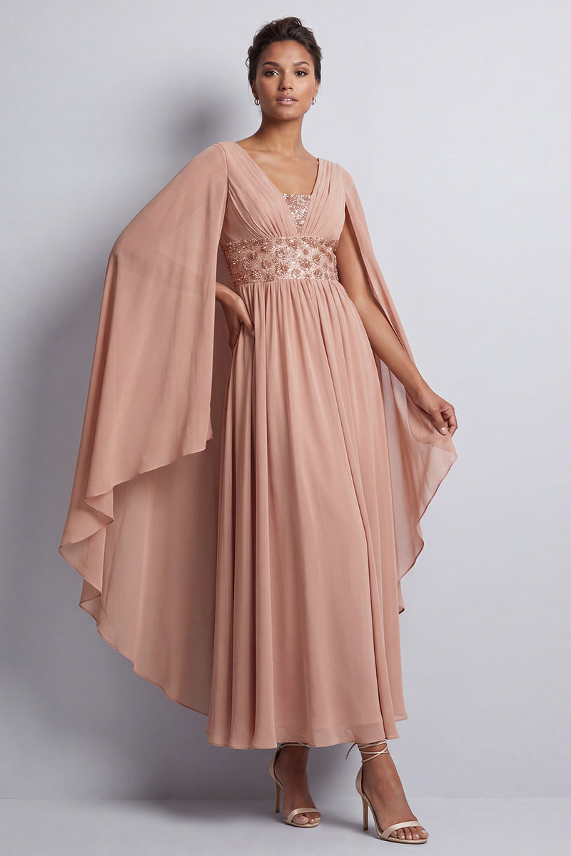 Laden Sie das Bild in den Galerie-Viewer, Himmelblaues A-Linien-Chiffon-V-Ausschnitt-Midi-Mutter-der-Braut-Kleid mit Umhangärmeln