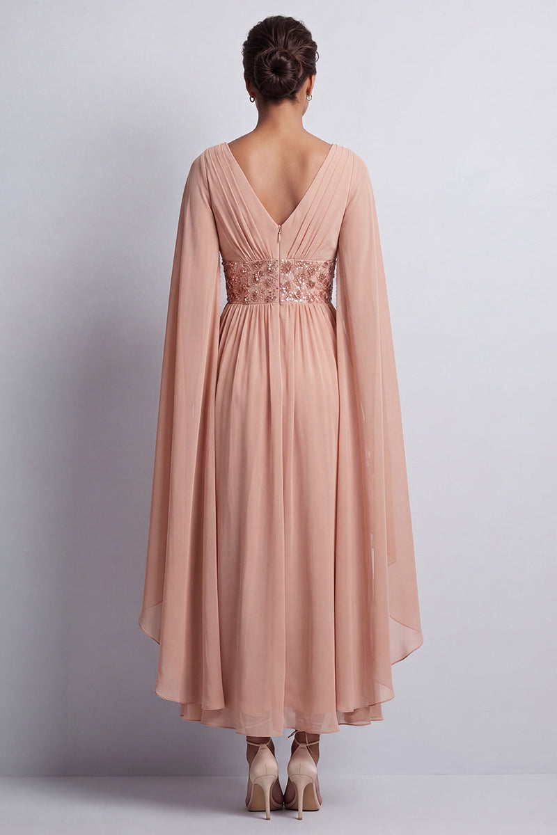 Laden Sie das Bild in den Galerie-Viewer, Himmelblaues A-Linien-Chiffon-V-Ausschnitt-Midi-Mutter-der-Braut-Kleid mit Umhangärmeln