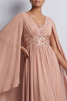 Laden Sie das Bild in den Galerie-Viewer, Himmelblaues A-Linien-Chiffon-V-Ausschnitt-Midi-Mutter-der-Braut-Kleid mit Umhangärmeln