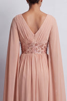 Laden Sie das Bild in den Galerie-Viewer, Himmelblaues A-Linien-Chiffon-V-Ausschnitt-Midi-Mutter-der-Braut-Kleid mit Umhangärmeln