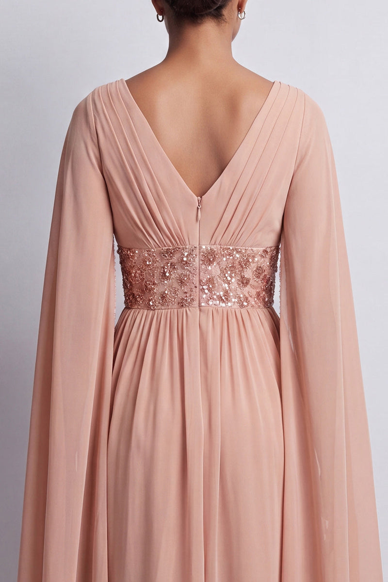 Laden Sie das Bild in den Galerie-Viewer, Himmelblaues A-Linien-Chiffon-V-Ausschnitt-Midi-Mutter-der-Braut-Kleid mit Umhangärmeln