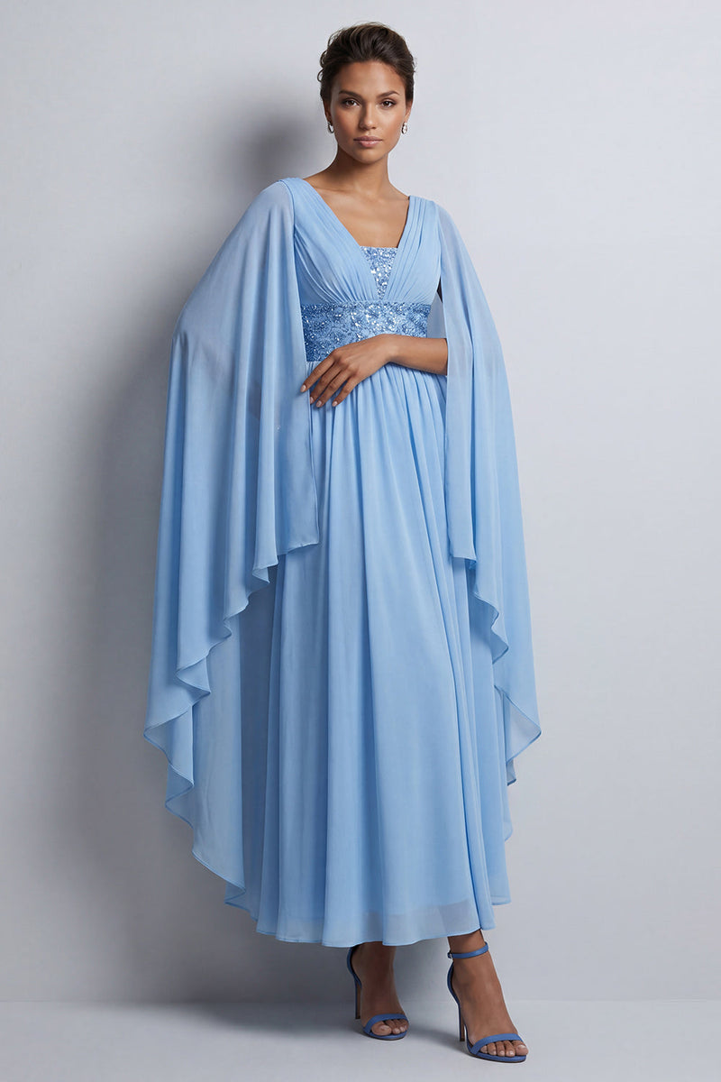 Laden Sie das Bild in den Galerie-Viewer, Himmelblaues A-Linien-Chiffon-V-Ausschnitt-Midi-Mutter-der-Braut-Kleid mit Umhangärmeln