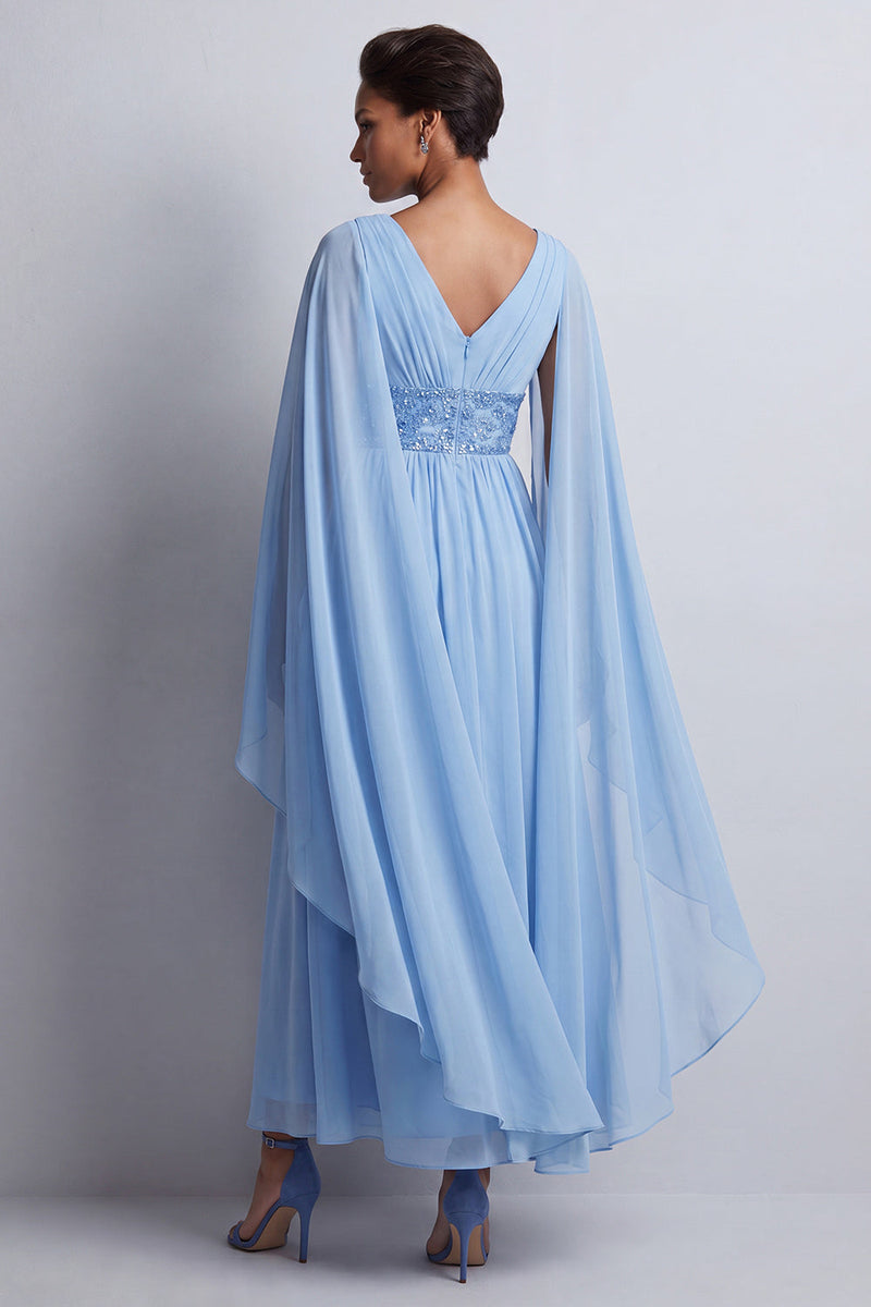 Laden Sie das Bild in den Galerie-Viewer, Himmelblaues A-Linien-Chiffon-V-Ausschnitt-Midi-Mutter-der-Braut-Kleid mit Umhangärmeln