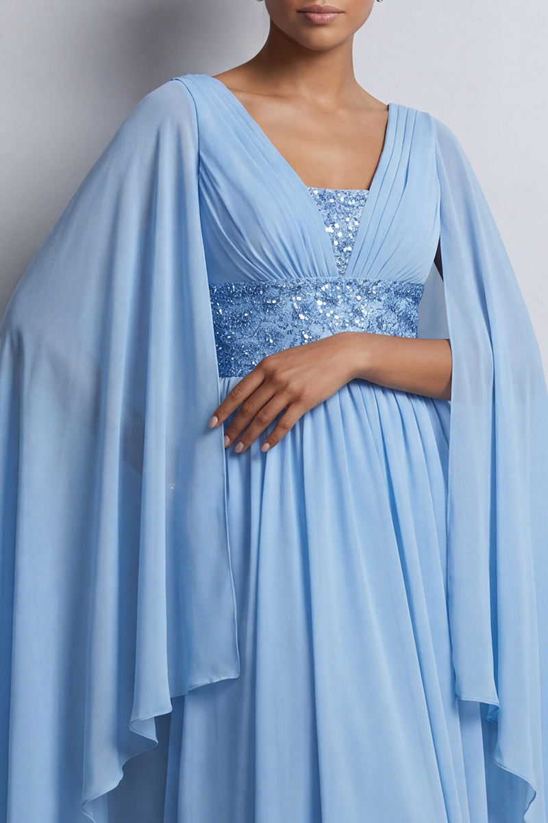 Laden Sie das Bild in den Galerie-Viewer, Himmelblaues A-Linien-Chiffon-V-Ausschnitt-Midi-Mutter-der-Braut-Kleid mit Umhangärmeln