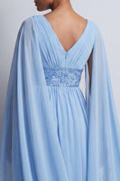 Laden Sie das Bild in den Galerie-Viewer, Himmelblaues A-Linien-Chiffon-V-Ausschnitt-Midi-Mutter-der-Braut-Kleid mit Umhangärmeln