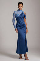 Laden Sie das Bild in den Galerie-Viewer, Blaue Meerjungfrau mit hohem Ausschnitt und gerafftem Midi-Mutter-der-Braut-Kleid mit Schlitz