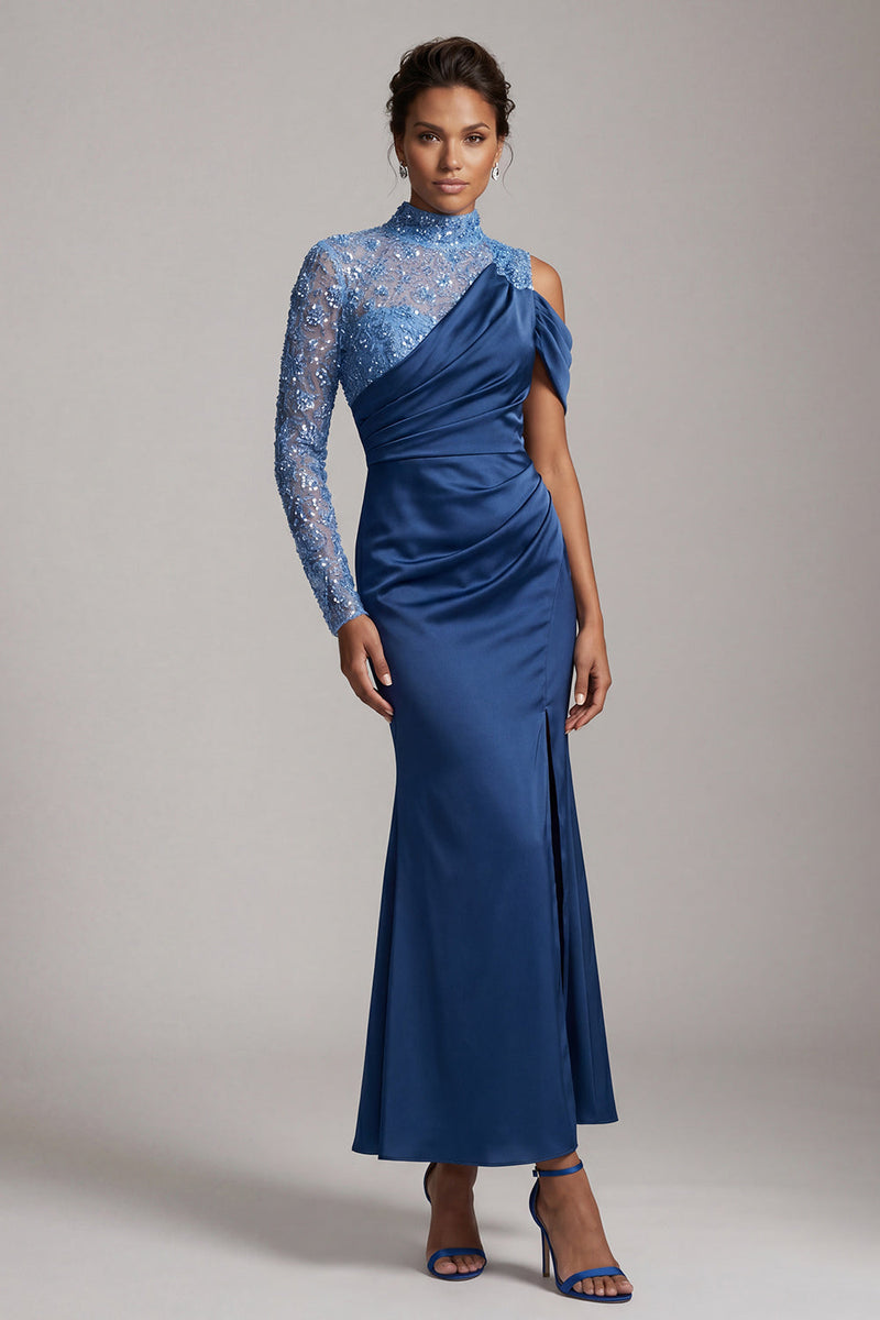 Laden Sie das Bild in den Galerie-Viewer, Blaue Meerjungfrau mit hohem Ausschnitt und gerafftem Midi-Mutter-der-Braut-Kleid mit Schlitz
