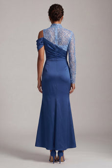 Blaue Meerjungfrau Hohe Ausschnitt Gerafftes Midi Mutter-der-Braut-Kleid mit Schlitz