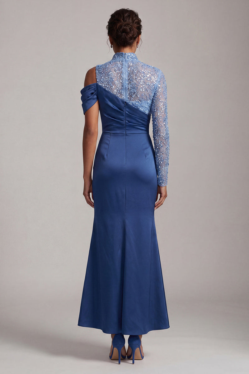 Laden Sie das Bild in den Galerie-Viewer, Blaue Meerjungfrau mit hohem Ausschnitt und gerafftem Midi-Mutter-der-Braut-Kleid mit Schlitz