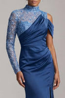 Laden Sie das Bild in den Galerie-Viewer, Blaue Meerjungfrau mit hohem Ausschnitt und gerafftem Midi-Mutter-der-Braut-Kleid mit Schlitz