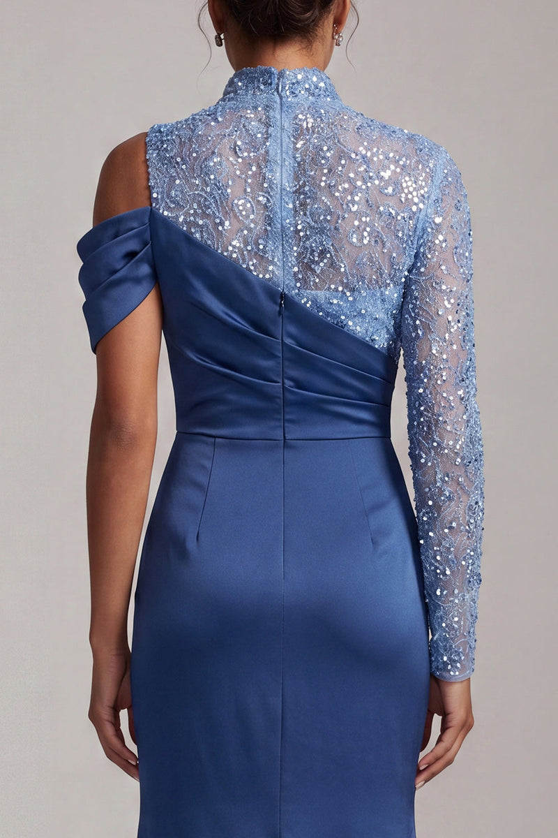 Laden Sie das Bild in den Galerie-Viewer, Blaue Meerjungfrau mit hohem Ausschnitt und gerafftem Midi-Mutter-der-Braut-Kleid mit Schlitz