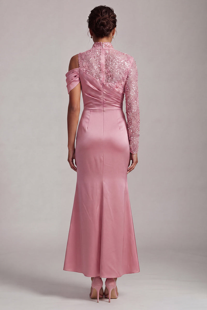 Laden Sie das Bild in den Galerie-Viewer, Blaue Meerjungfrau mit hohem Ausschnitt und gerafftem Midi-Mutter-der-Braut-Kleid mit Schlitz