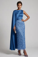 Laden Sie das Bild in den Galerie-Viewer, Blaue Rundhals-Meerjungfrauen-Pailletten Midi Mutter der Braut Kleid mit Seitenumhang
