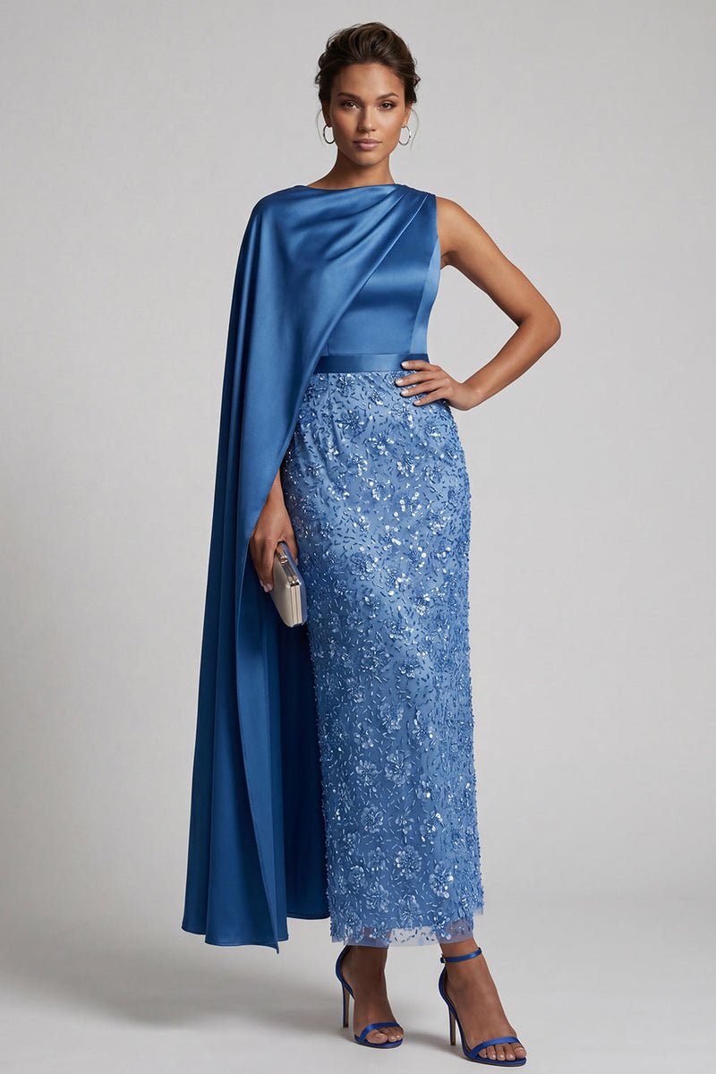 Laden Sie das Bild in den Galerie-Viewer, Blaue Rundhals-Meerjungfrauen-Pailletten Midi Mutter der Braut Kleid mit Seitenumhang