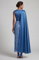 Laden Sie das Bild in den Galerie-Viewer, Blaue Rundhals-Meerjungfrauen-Pailletten Midi Mutter der Braut Kleid mit Seitenumhang