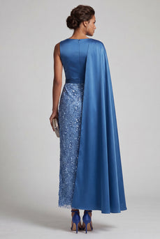 Blaue Rundhals Meerjungfrauen Pailletten Midi Mutter der Braut Kleid mit Seitenumhang