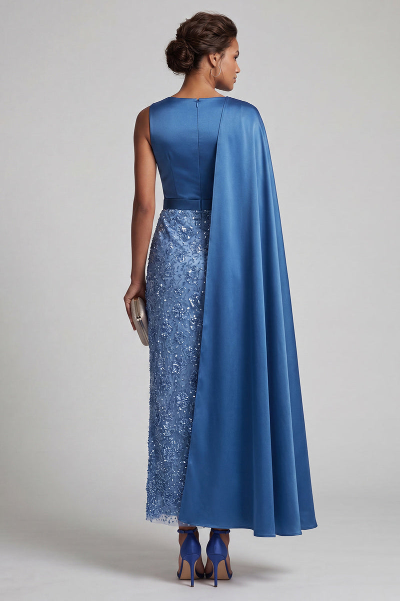 Laden Sie das Bild in den Galerie-Viewer, Blaue Rundhals-Meerjungfrauen-Pailletten Midi Mutter der Braut Kleid mit Seitenumhang