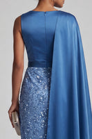 Laden Sie das Bild in den Galerie-Viewer, Blaue Rundhals-Meerjungfrauen-Pailletten Midi Mutter der Braut Kleid mit Seitenumhang
