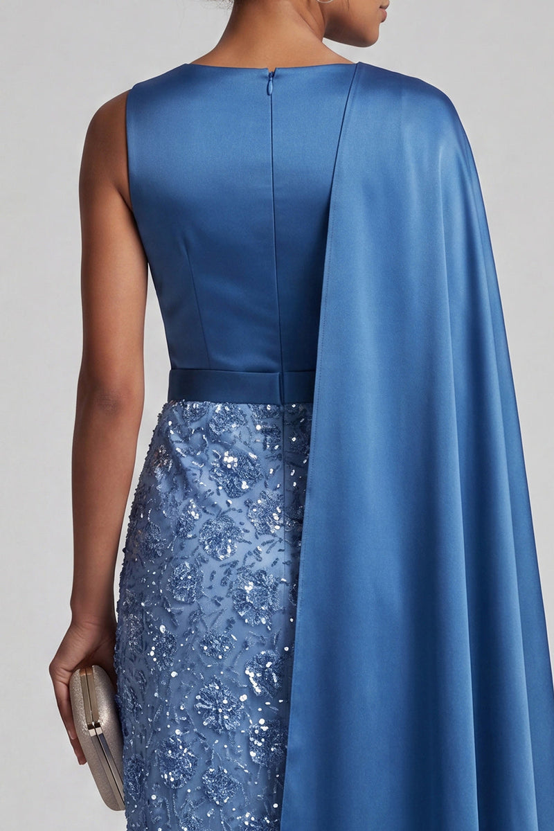 Laden Sie das Bild in den Galerie-Viewer, Blaue Rundhals-Meerjungfrauen-Pailletten Midi Mutter der Braut Kleid mit Seitenumhang