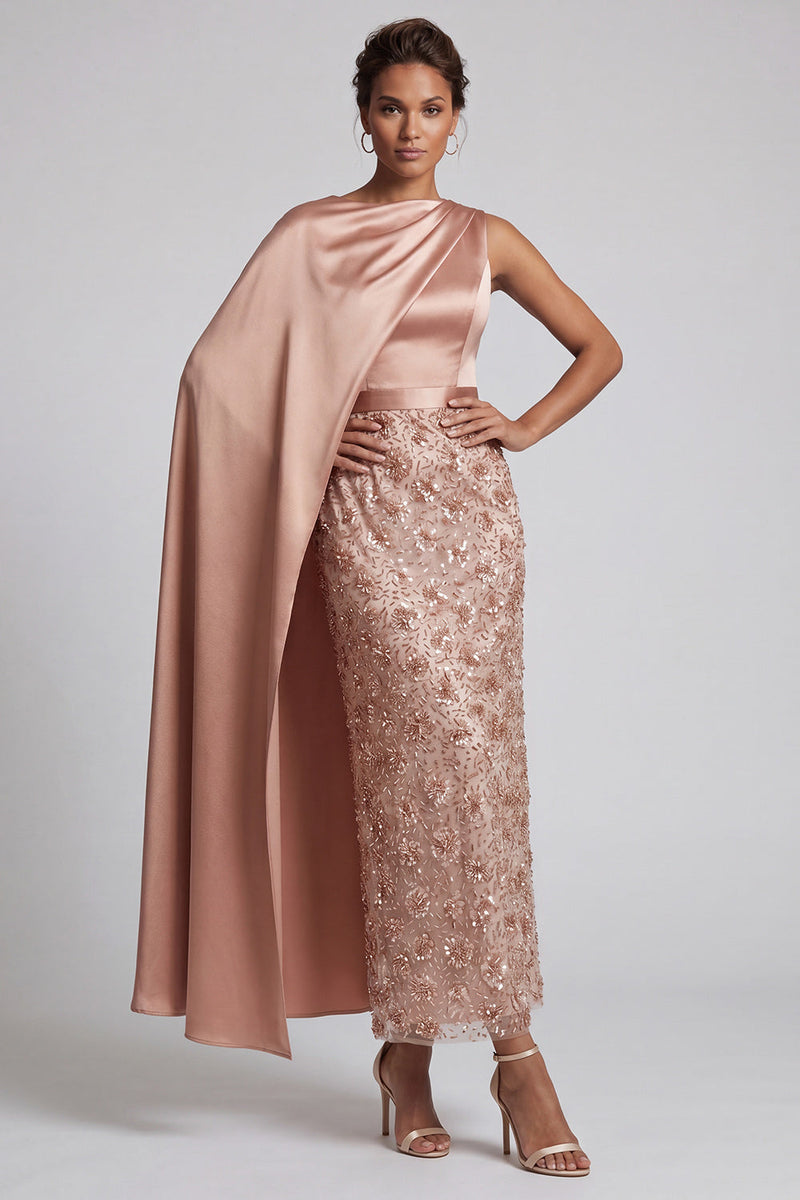 Laden Sie das Bild in den Galerie-Viewer, Blaue Rundhals-Meerjungfrauen-Pailletten Midi Mutter der Braut Kleid mit Seitenumhang