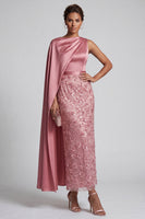 Laden Sie das Bild in den Galerie-Viewer, Blaue Rundhals-Meerjungfrauen-Pailletten Midi Mutter der Braut Kleid mit Seitenumhang