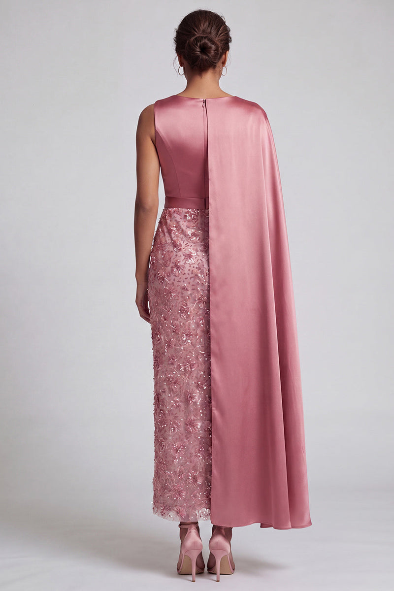Laden Sie das Bild in den Galerie-Viewer, Blaue Rundhals-Meerjungfrauen-Pailletten Midi Mutter der Braut Kleid mit Seitenumhang