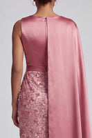 Laden Sie das Bild in den Galerie-Viewer, Blaue Rundhals-Meerjungfrauen-Pailletten Midi Mutter der Braut Kleid mit Seitenumhang