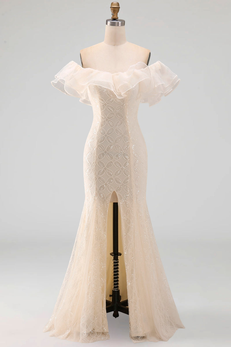 Laden Sie das Bild in den Galerie-Viewer, Off-the-shoulder Hellblaues Meerjungfrau Rüschen Pailletten Langes Mutter-der-Braut-Kleid mit Schlitz
