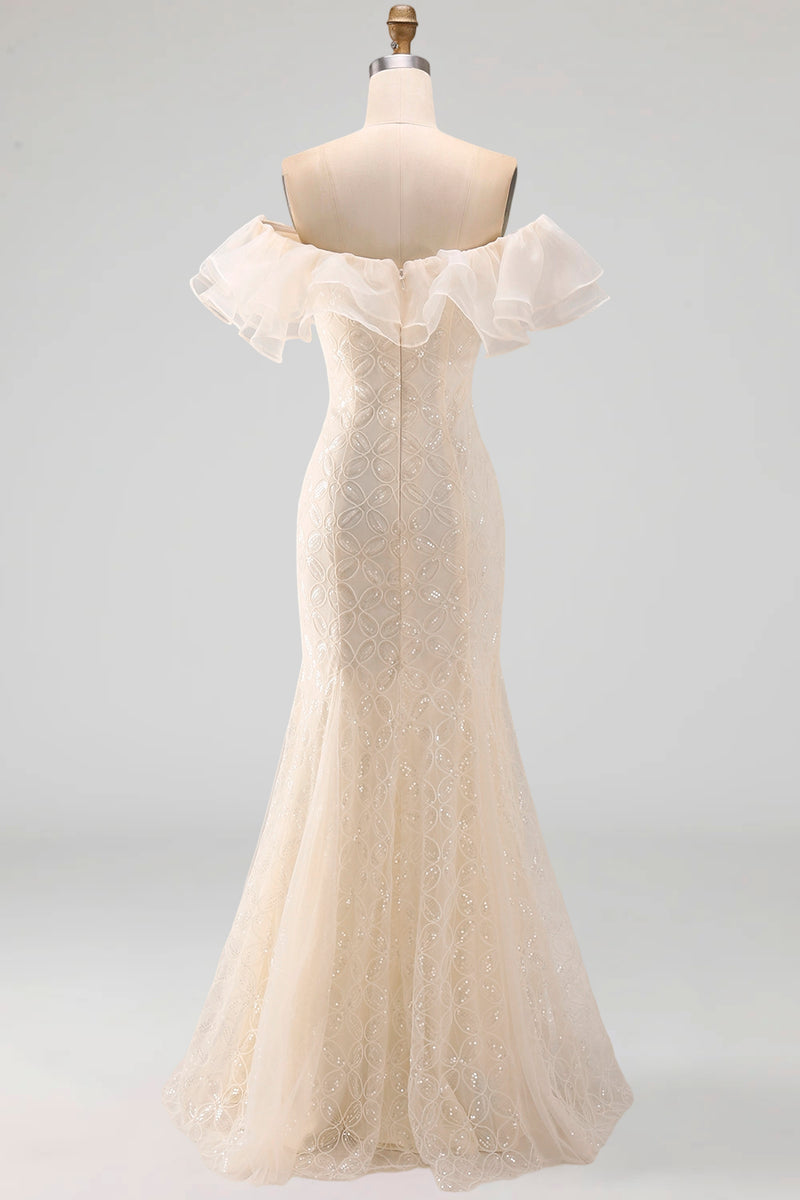 Laden Sie das Bild in den Galerie-Viewer, Off-the-shoulder Hellblaues Meerjungfrau Rüschen Pailletten Langes Mutter-der-Braut-Kleid mit Schlitz