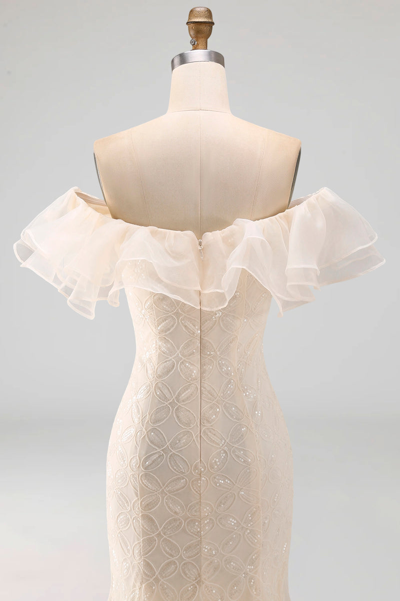 Laden Sie das Bild in den Galerie-Viewer, Off-the-shoulder Hellblaues Meerjungfrau Rüschen Pailletten Langes Mutter-der-Braut-Kleid mit Schlitz