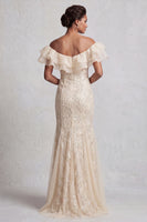 Laden Sie das Bild in den Galerie-Viewer, Off-the-shoulder hellblaue Meerjungfrau mit Rüschen Pailletten Langer Mutter-der-der-Braut-Kleid mit Schlitz