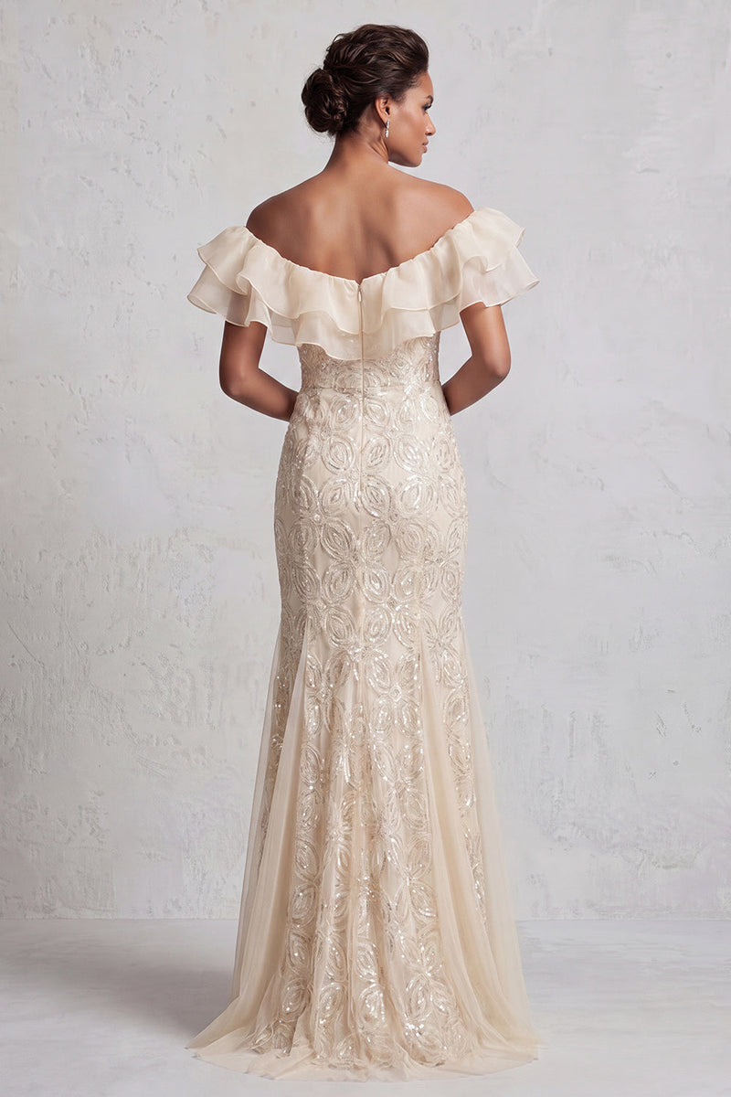 Laden Sie das Bild in den Galerie-Viewer, Off-the-shoulder hellblaue Meerjungfrau mit Rüschen Pailletten Langer Mutter-der-der-Braut-Kleid mit Schlitz