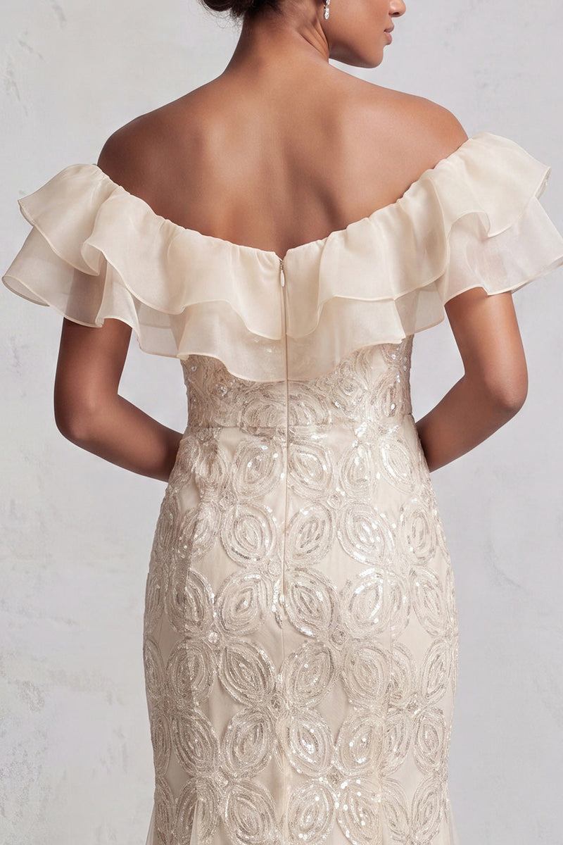 Laden Sie das Bild in den Galerie-Viewer, Off-the-shoulder hellblaue Meerjungfrau mit Rüschen Pailletten Langer Mutter-der-der-Braut-Kleid mit Schlitz
