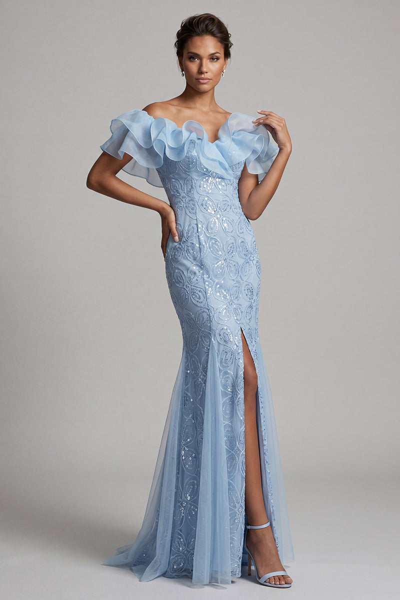 Laden Sie das Bild in den Galerie-Viewer, Off-the-shoulder hellblaue Meerjungfrau mit Rüschen Pailletten Langer Mutter-der-der-Braut-Kleid mit Schlitz