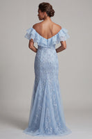 Laden Sie das Bild in den Galerie-Viewer, Off-the-shoulder hellblaue Meerjungfrau mit Rüschen Pailletten Langer Mutter-der-der-Braut-Kleid mit Schlitz