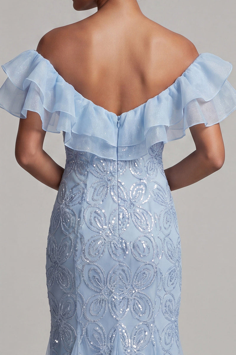 Laden Sie das Bild in den Galerie-Viewer, Off-the-shoulder hellblaue Meerjungfrau mit Rüschen Pailletten Langer Mutter-der-der-Braut-Kleid mit Schlitz