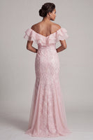 Laden Sie das Bild in den Galerie-Viewer, Off-the-shoulder hellblaue Meerjungfrau mit Rüschen Pailletten Langer Mutter-der-der-Braut-Kleid mit Schlitz
