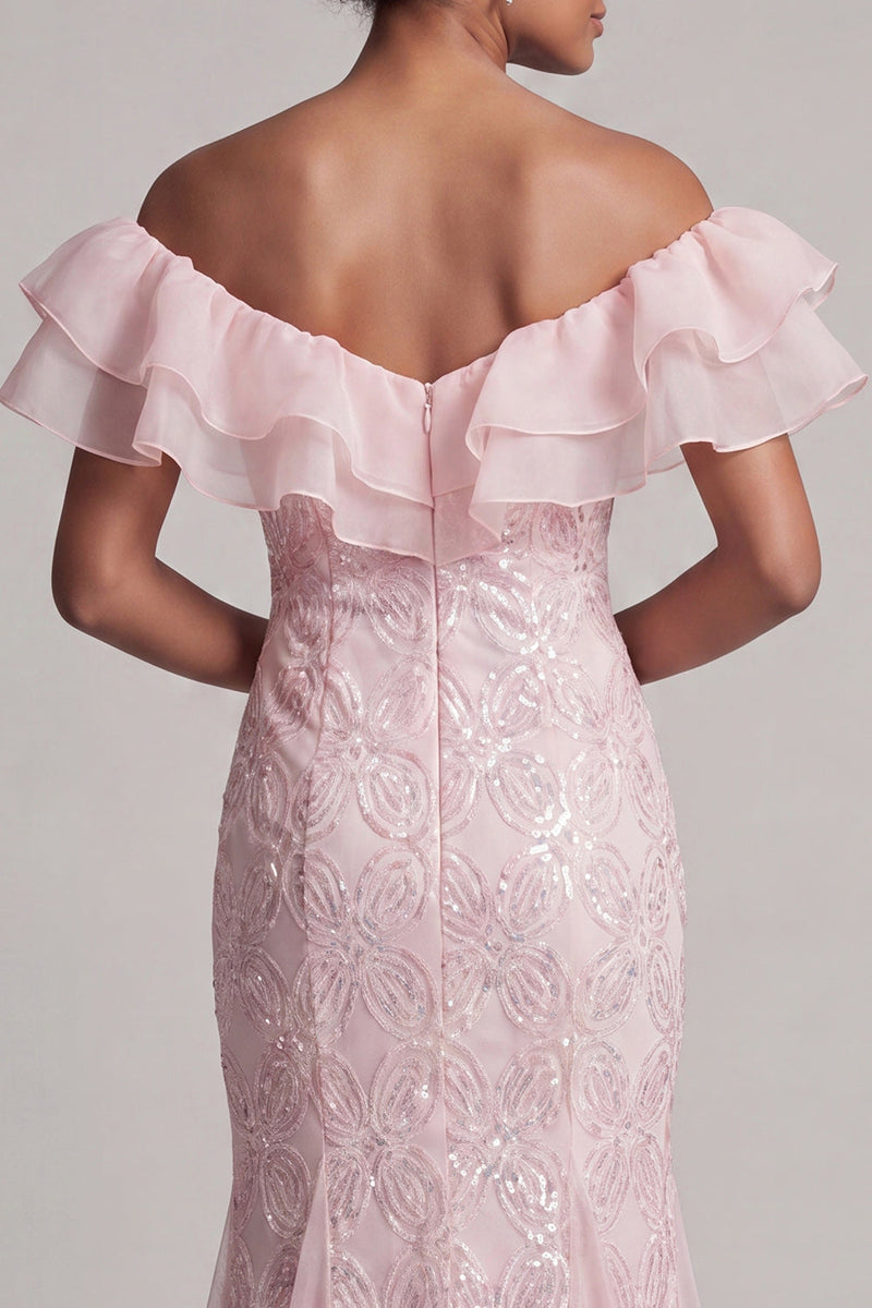 Laden Sie das Bild in den Galerie-Viewer, Off-the-shoulder hellblaue Meerjungfrau mit Rüschen Pailletten Langer Mutter-der-der-Braut-Kleid mit Schlitz