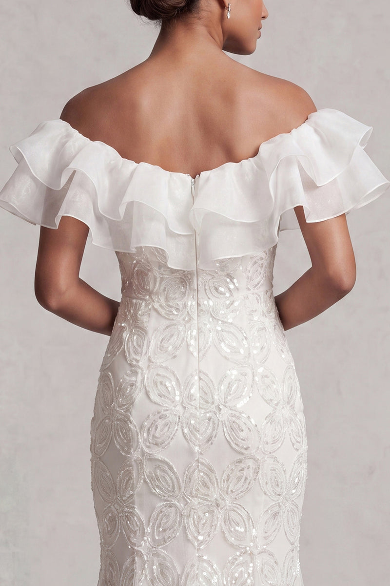 Laden Sie das Bild in den Galerie-Viewer, Off-the-shoulder Hellblaues Meerjungfrau Rüschen Pailletten Langes Mutter-der-Braut-Kleid mit Schlitz