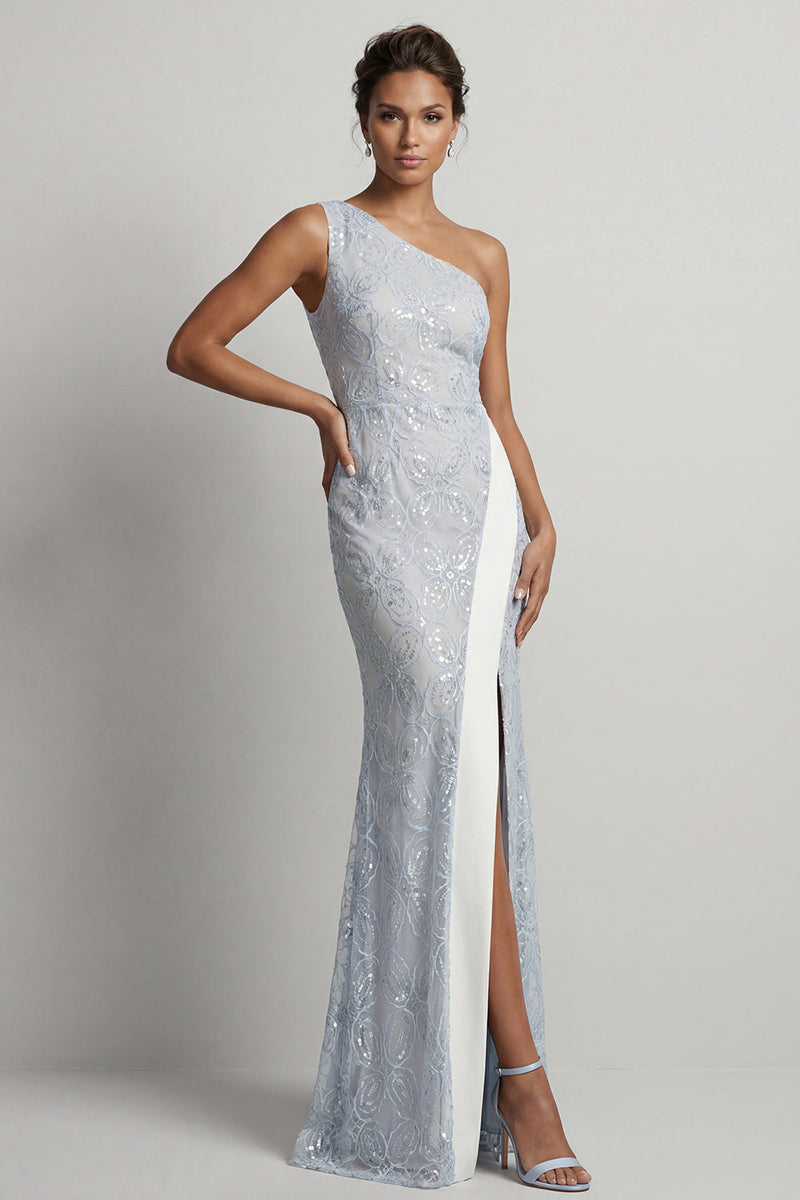 Laden Sie das Bild in den Galerie-Viewer, Staubiges blaues Einschulter-Meerjungfrauen-Pailletten-Langes Mutter-der-Braut-Kleid mit Schlitz