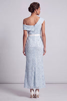 Laden Sie das Bild in den Galerie-Viewer, Eine Schulter staubige blaue Meerjungfrau-Pailletten Midi Mutter der Braut Kleid mit Schlitz