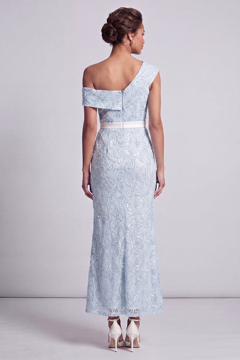Laden Sie das Bild in den Galerie-Viewer, Eine Schulter staubige blaue Meerjungfrau-Pailletten Midi Mutter der Braut Kleid mit Schlitz
