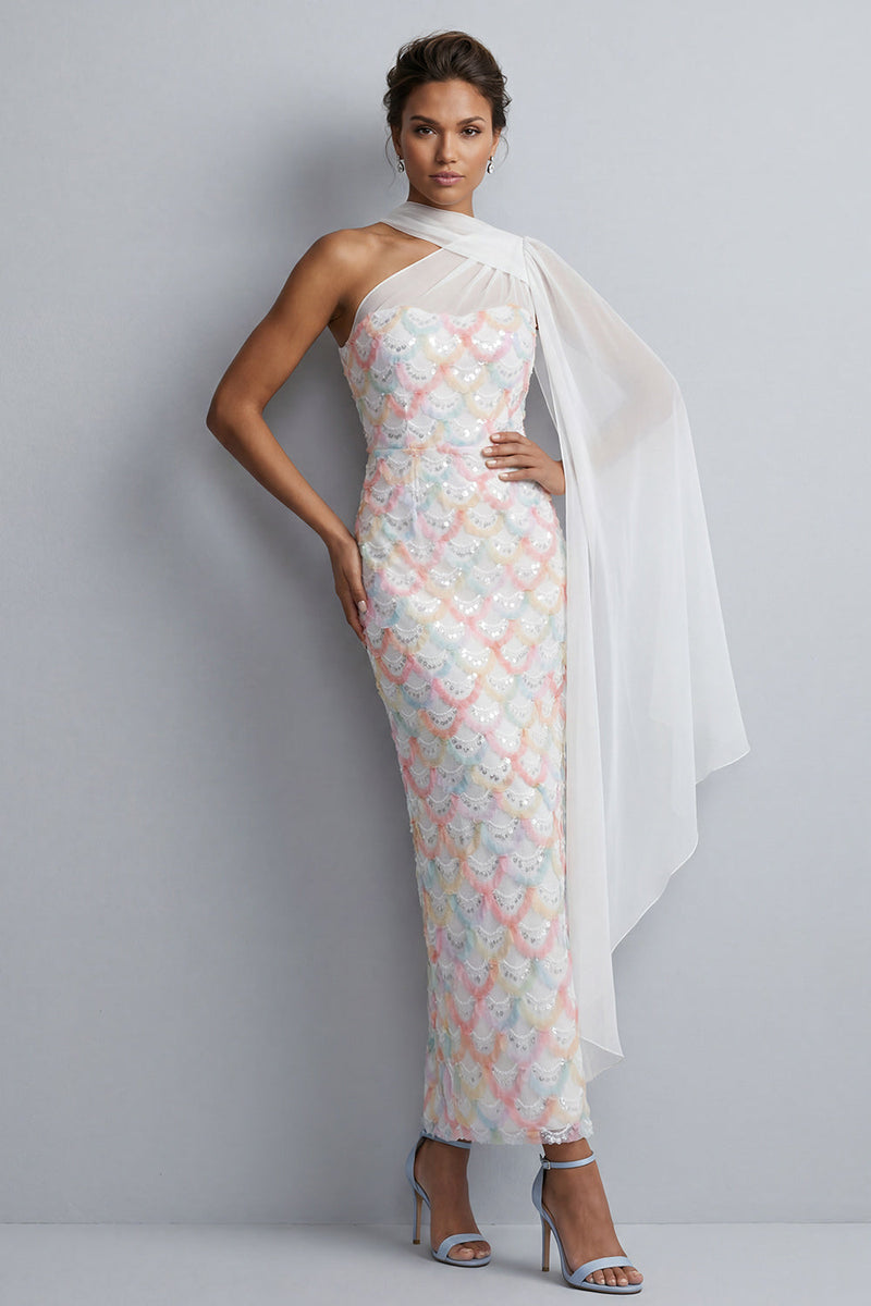 Laden Sie das Bild in den Galerie-Viewer, Eine Schulter hellblaue Meerjungfrauenpailletten Midi Mutter der Braut Kleid mit Seitenumhang
