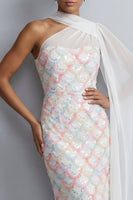 Laden Sie das Bild in den Galerie-Viewer, Eine Schulter hellblaue Meerjungfrauenpailletten Midi Mutter der Braut Kleid mit Seitenumhang