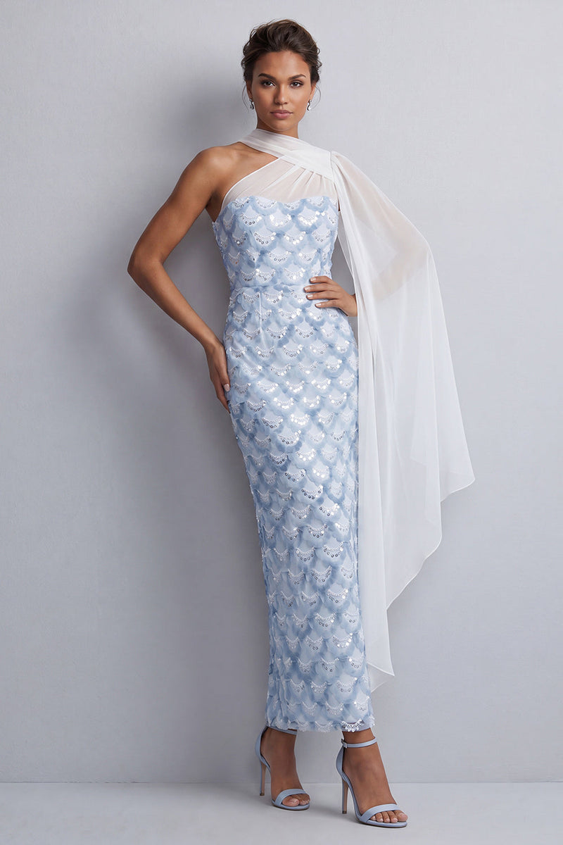 Laden Sie das Bild in den Galerie-Viewer, Eine Schulter hellblaue Meerjungfrauenpailletten Midi Mutter der Braut Kleid mit Seitenumhang
