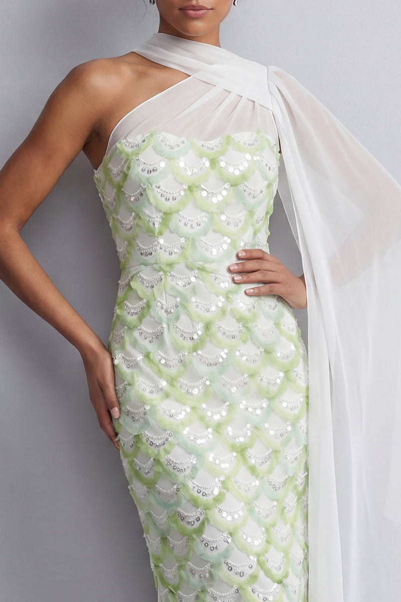 Laden Sie das Bild in den Galerie-Viewer, Eine Schulter hellblaue Meerjungfrauenpailletten Midi Mutter der Braut Kleid mit Seitenumhang