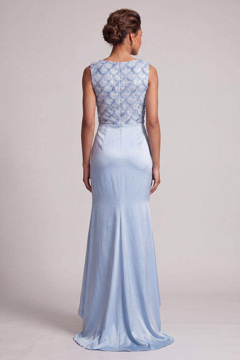 Laden Sie das Bild in den Galerie-Viewer, Himmelblaue Meerjungfrauen-Pailletten, Bateau-Hals, langes Mutter-der-Braut-Kleid