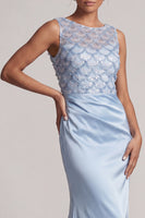 Laden Sie das Bild in den Galerie-Viewer, Himmelblaue Meerjungfrauen-Pailletten, Bateau-Hals, langes Mutter-der-Braut-Kleid
